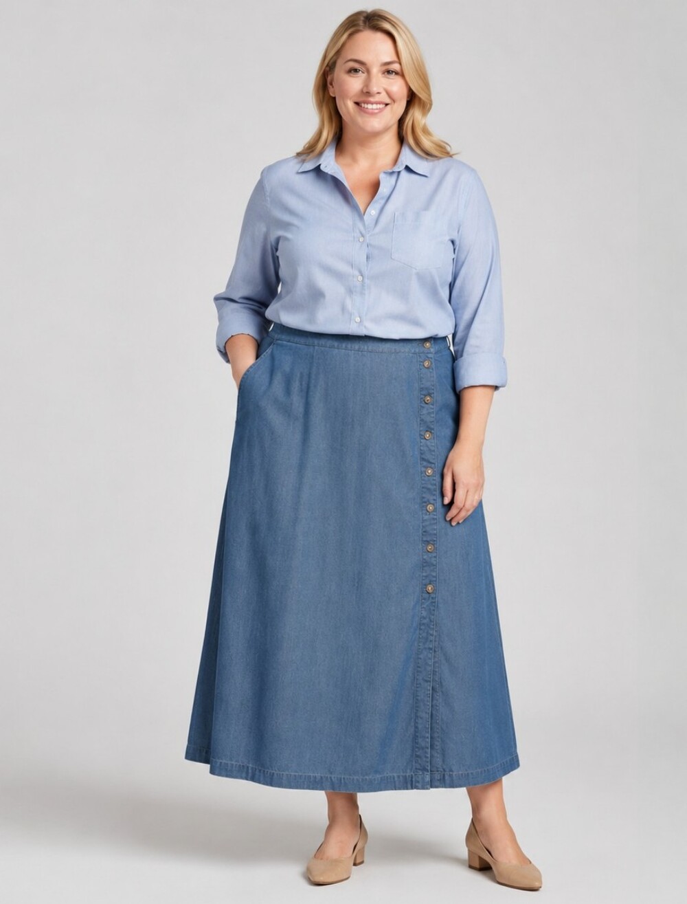 Liz Claiborne Light Blue Denim A-line Jean Side-Button 90's Skirt 22
